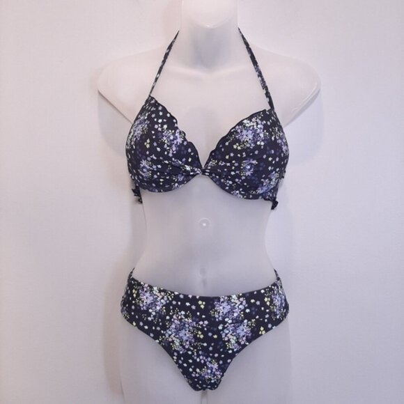 LA VIE EN ROSE Ditsy Splash 2pc Bikini Swimsuit Ruffled Underwire Halter Lace Up - Picture 4 of 16